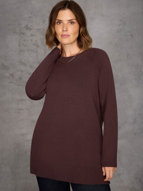 Chocolate Brown Crew Neck Longline Knitted Jumper