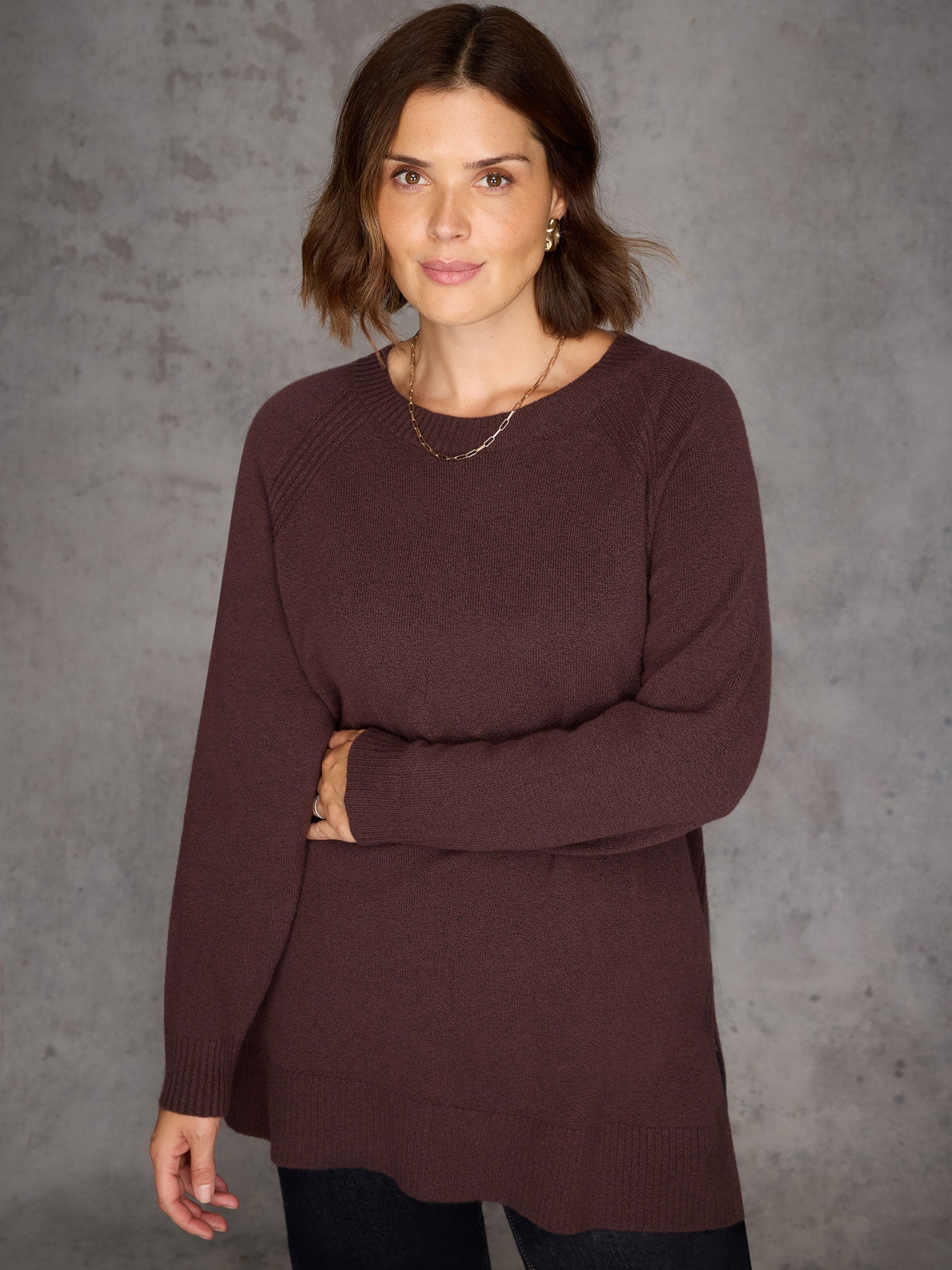 Chocolate Brown Crew Neck Longline Knitted Jumper