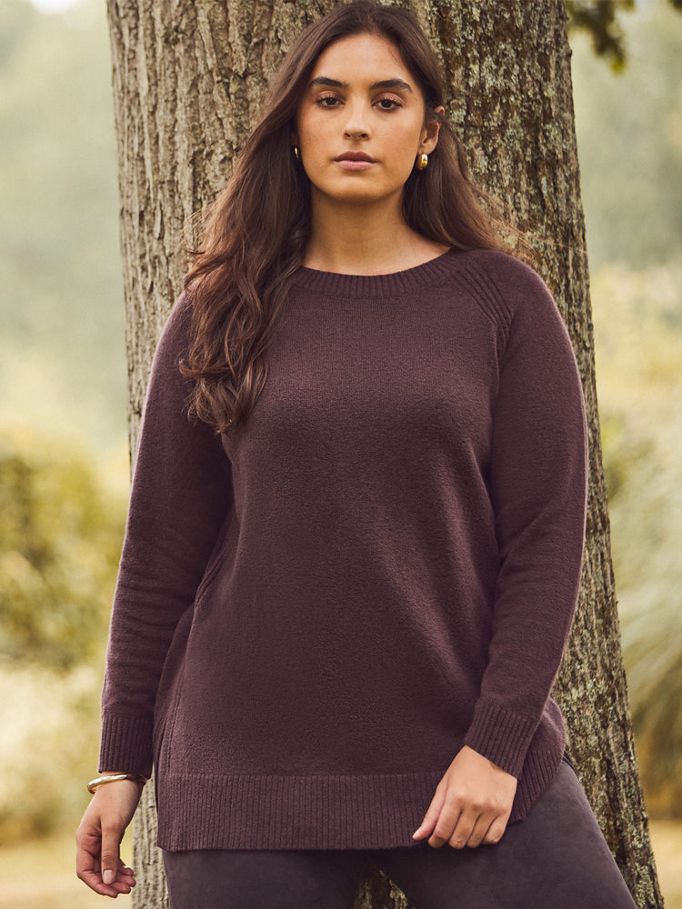 Chocolate Brown Crew Neck Longline Knitted Jumper