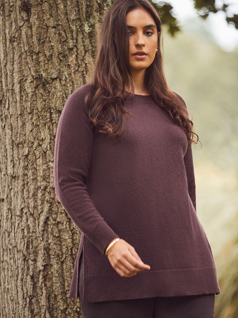 Chocolate Brown Crew Neck Longline Knit Jumper