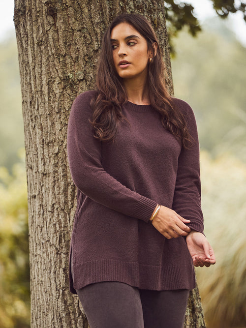 Chocolate Brown Crew Neck Longline Knitted Jumper
