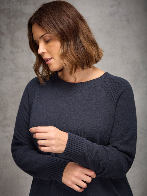 Navy Crew Neck Longline Knitted Jumper