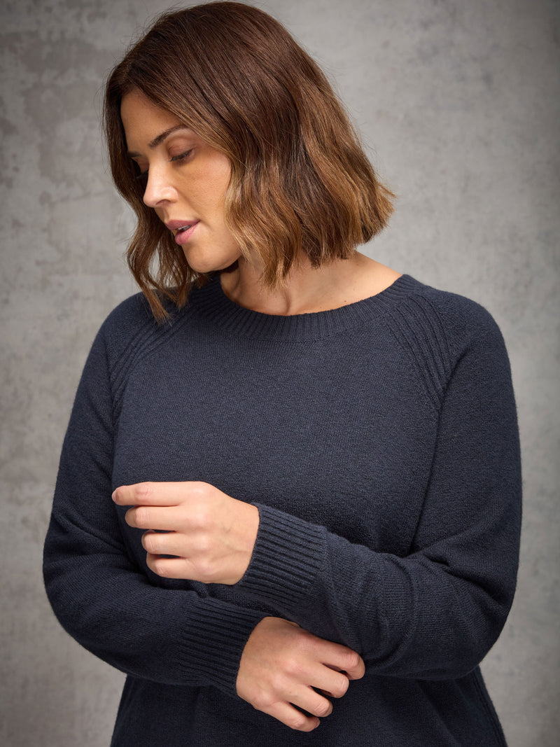 Navy Wool-Blend Longline Crew Neck Knit Jumper