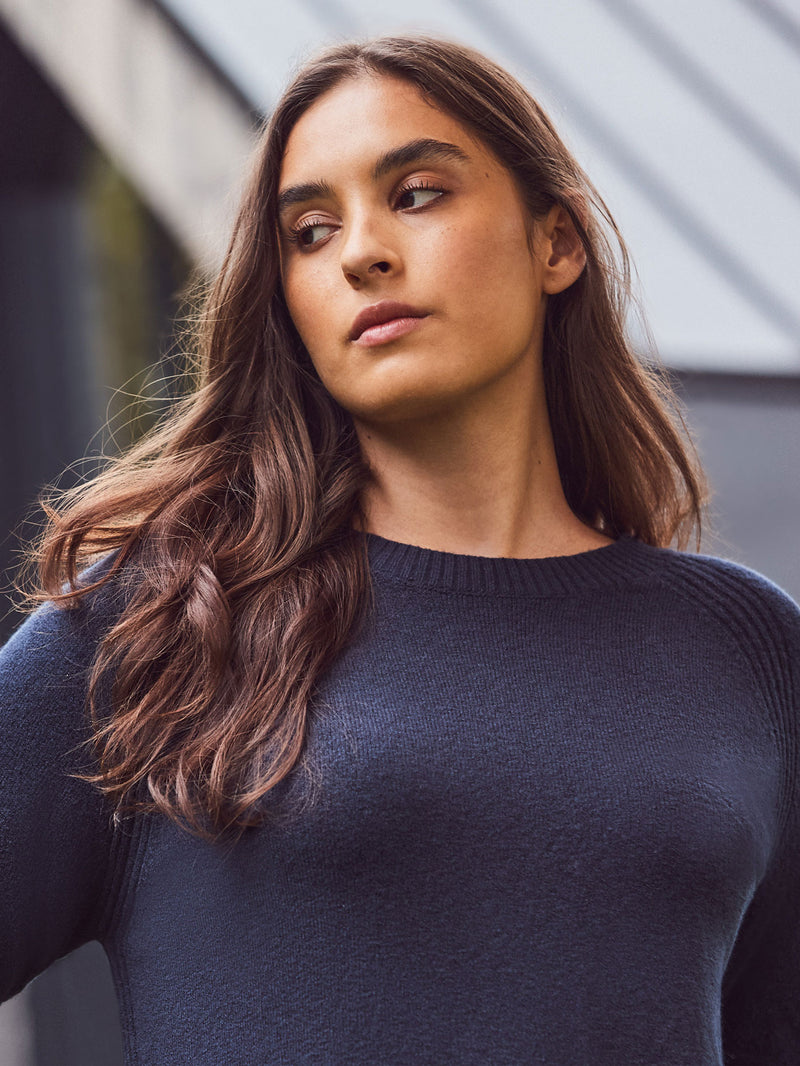 Navy Wool-Blend Longline Crew Neck Knit Jumper