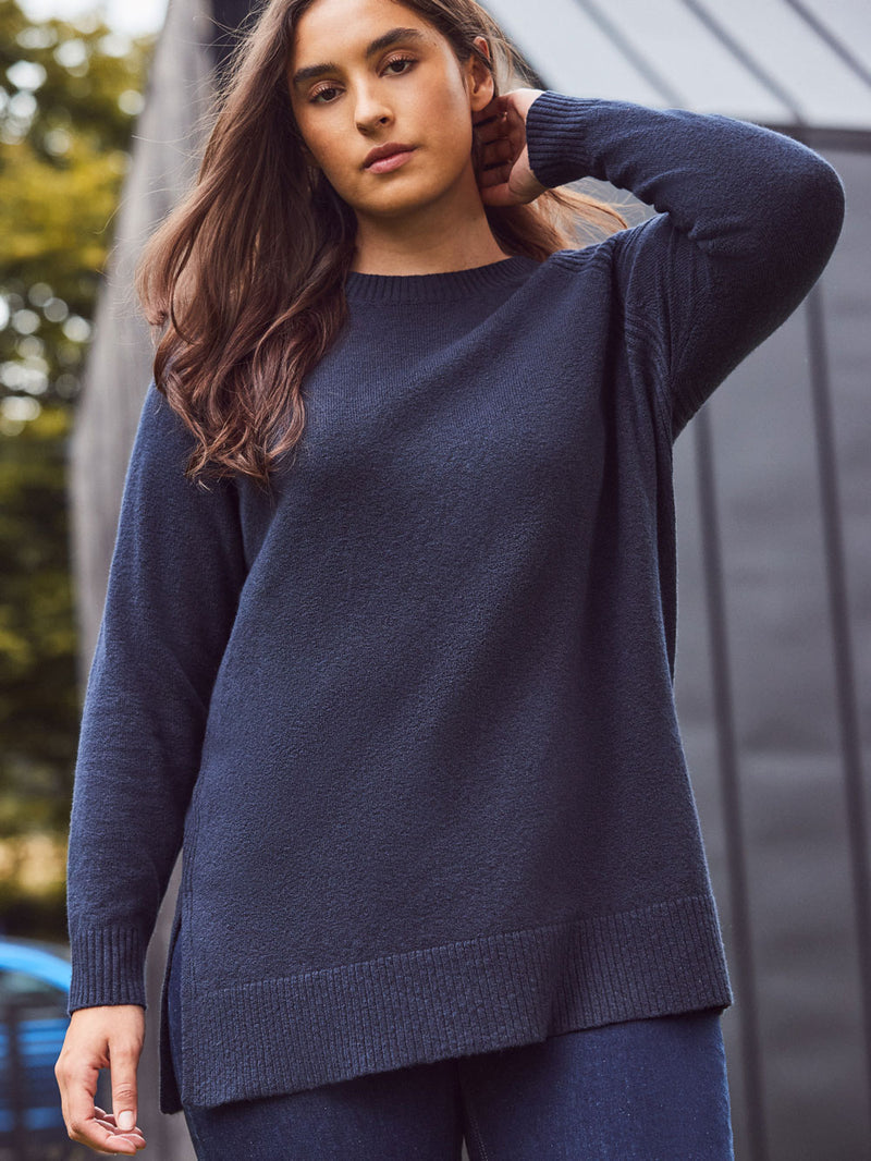 Navy Wool-Blend Longline Crew Neck Knit Jumper