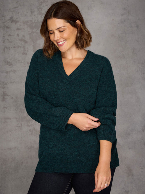 Green V neck Jumper With Wool and Alpaca