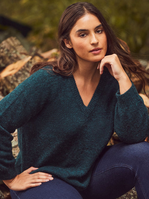 Green V neck Jumper With Wool and Alpaca