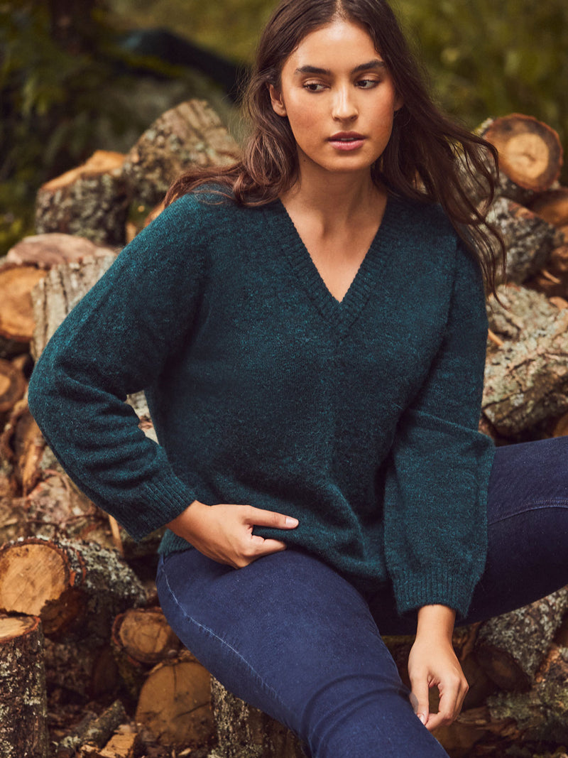 Green V neck Jumper With Wool and Alpaca