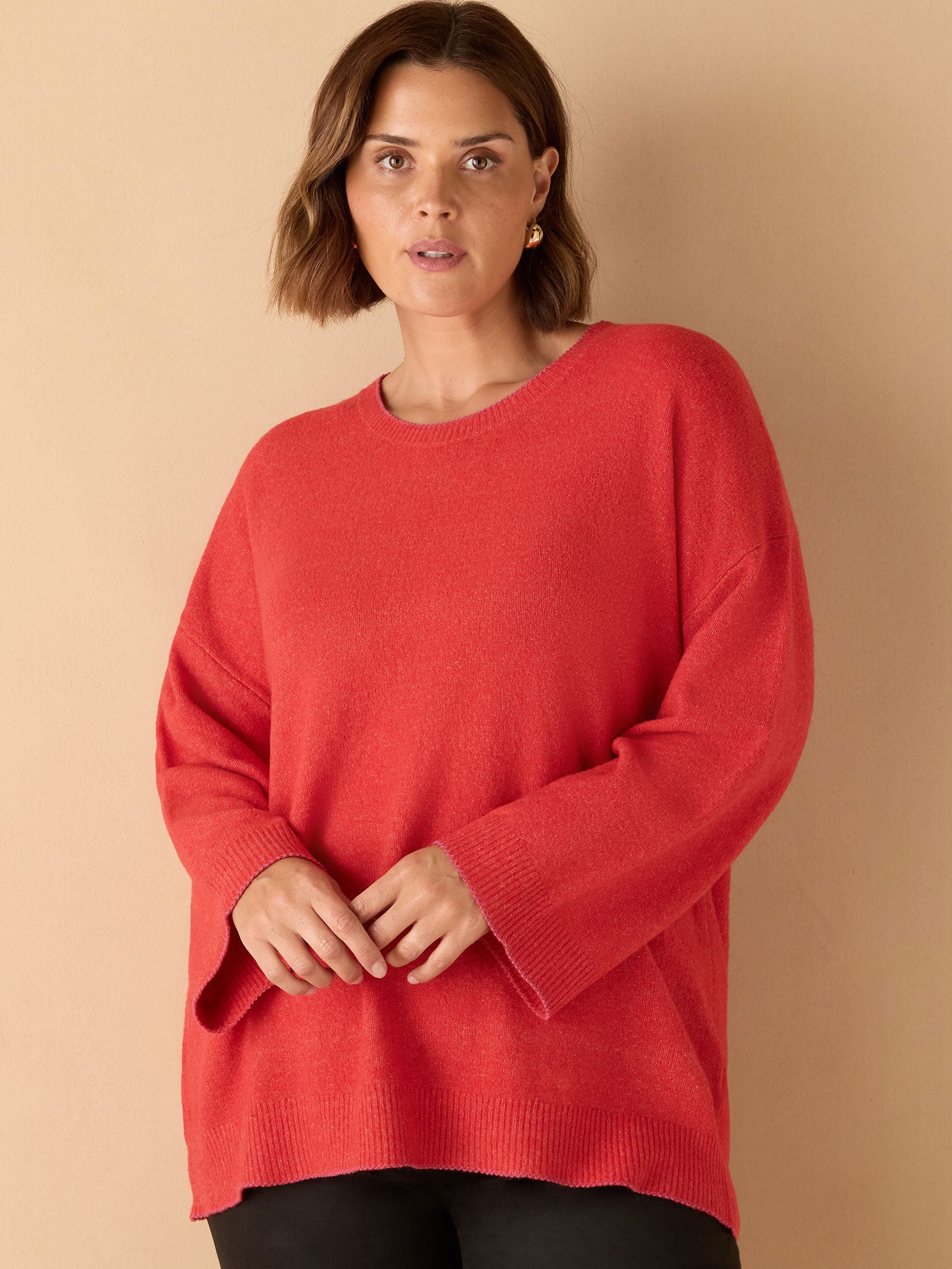 Red  Crew Neck Contrast Stitch Knit Jumper