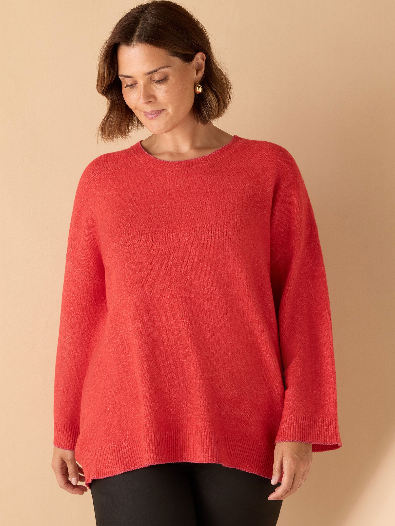 Red  Crew Neck Contrast Stitch Knit Jumper