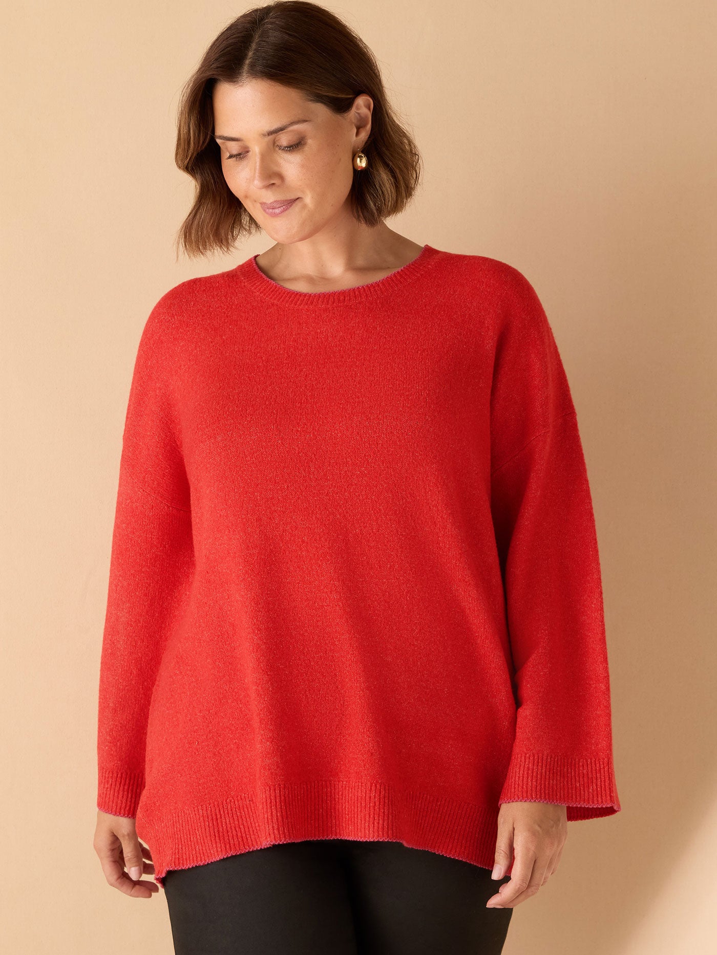 Red Crew Neck Contrast Stitch Knit Jumper