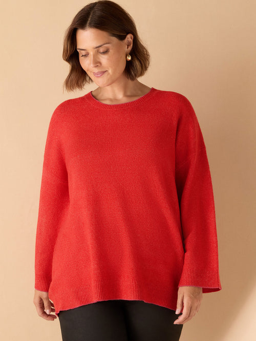 Red Crew Neck Contrast Stitch Knit Jumper