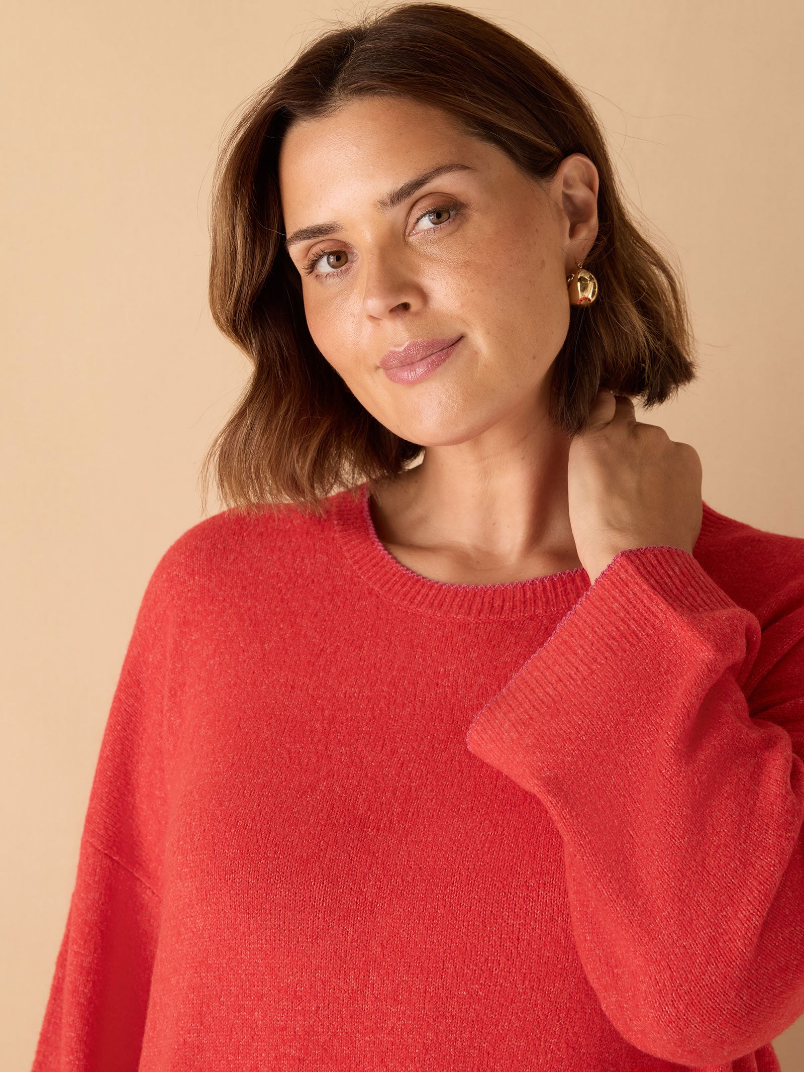 Red  Crew Neck Contrast Stitch Knit Jumper