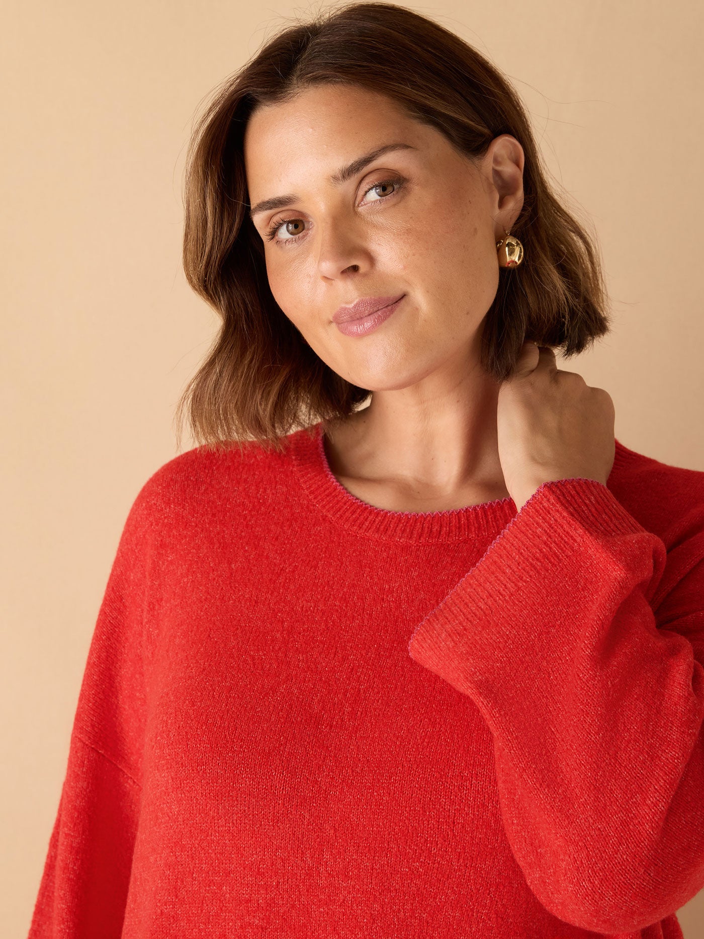 Red Crew Neck Contrast Stitch Knit Jumper