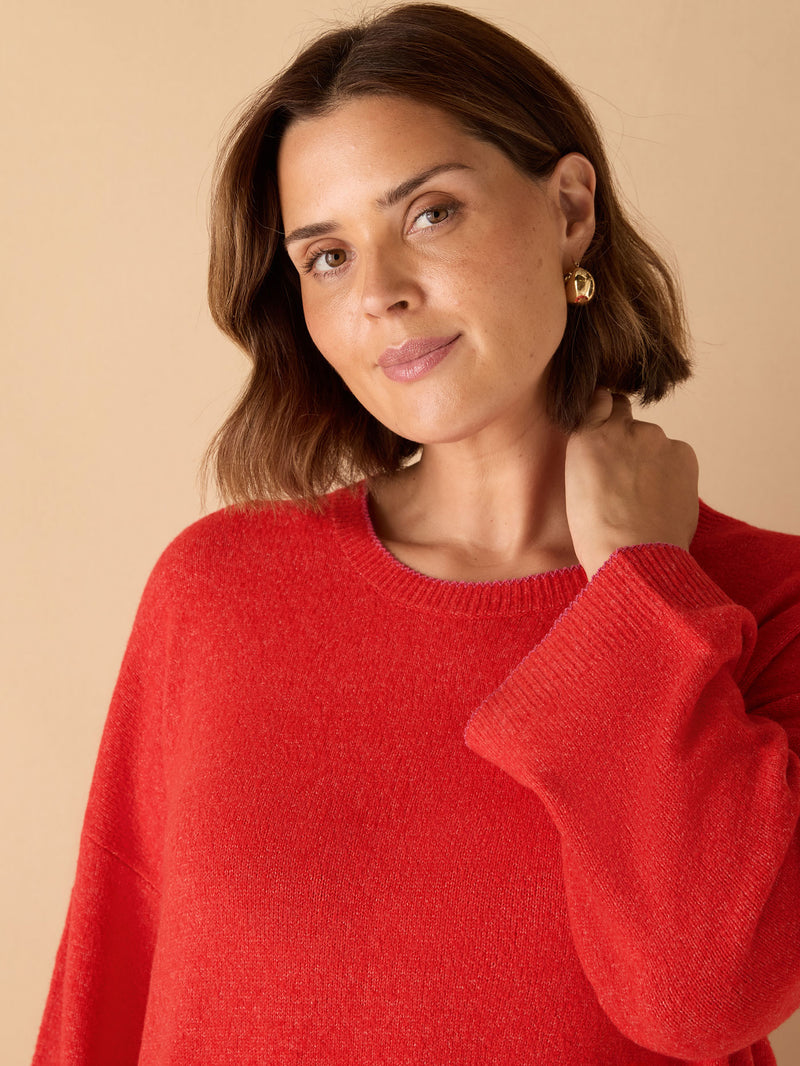 Red Crew Neck Contrast Stitch Knit Jumper