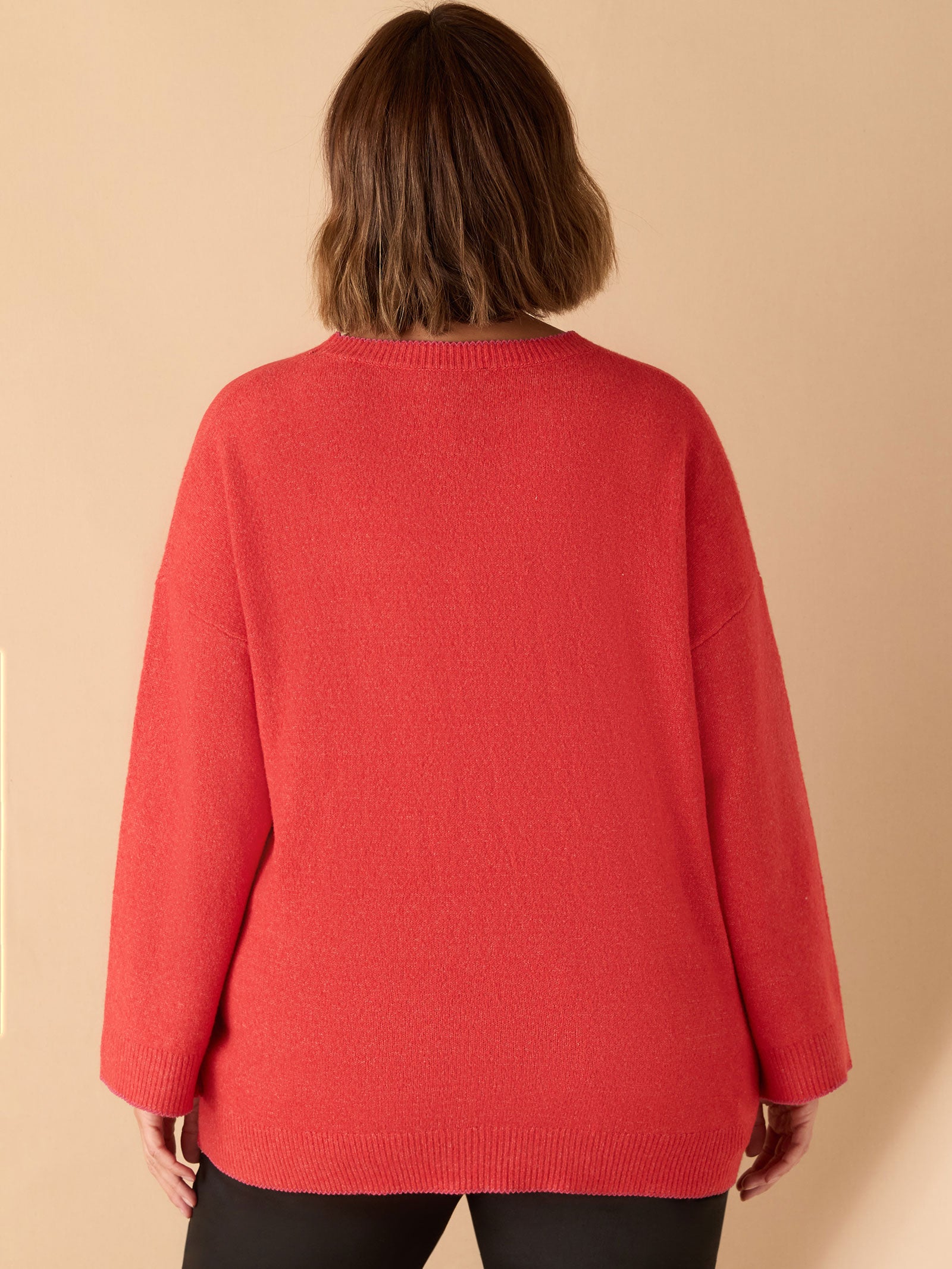 Red  Crew Neck Contrast Stitch Knit Jumper
