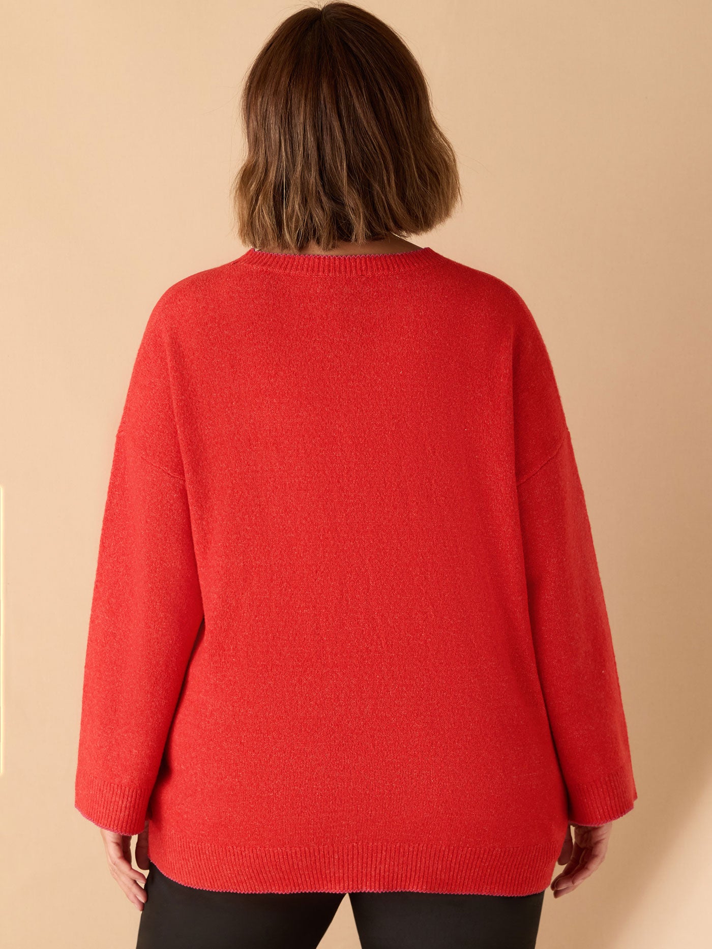 Red Crew Neck Contrast Stitch Knit Jumper