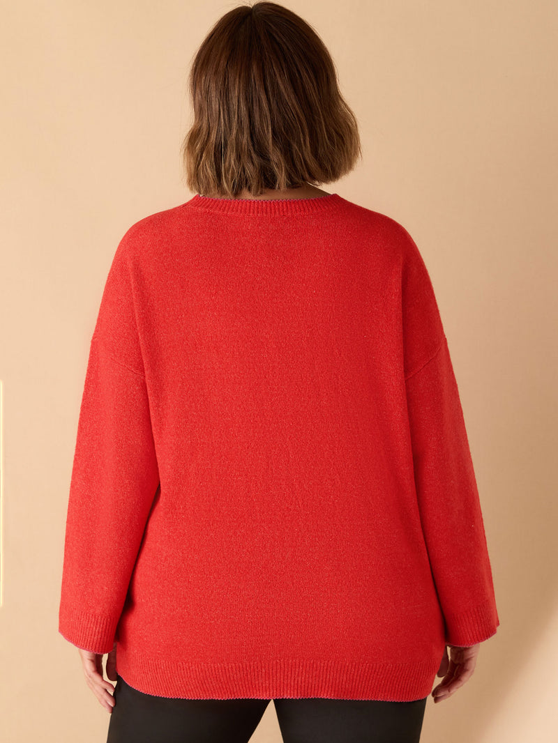 Red Crew Neck Contrast Stitch Knit Jumper
