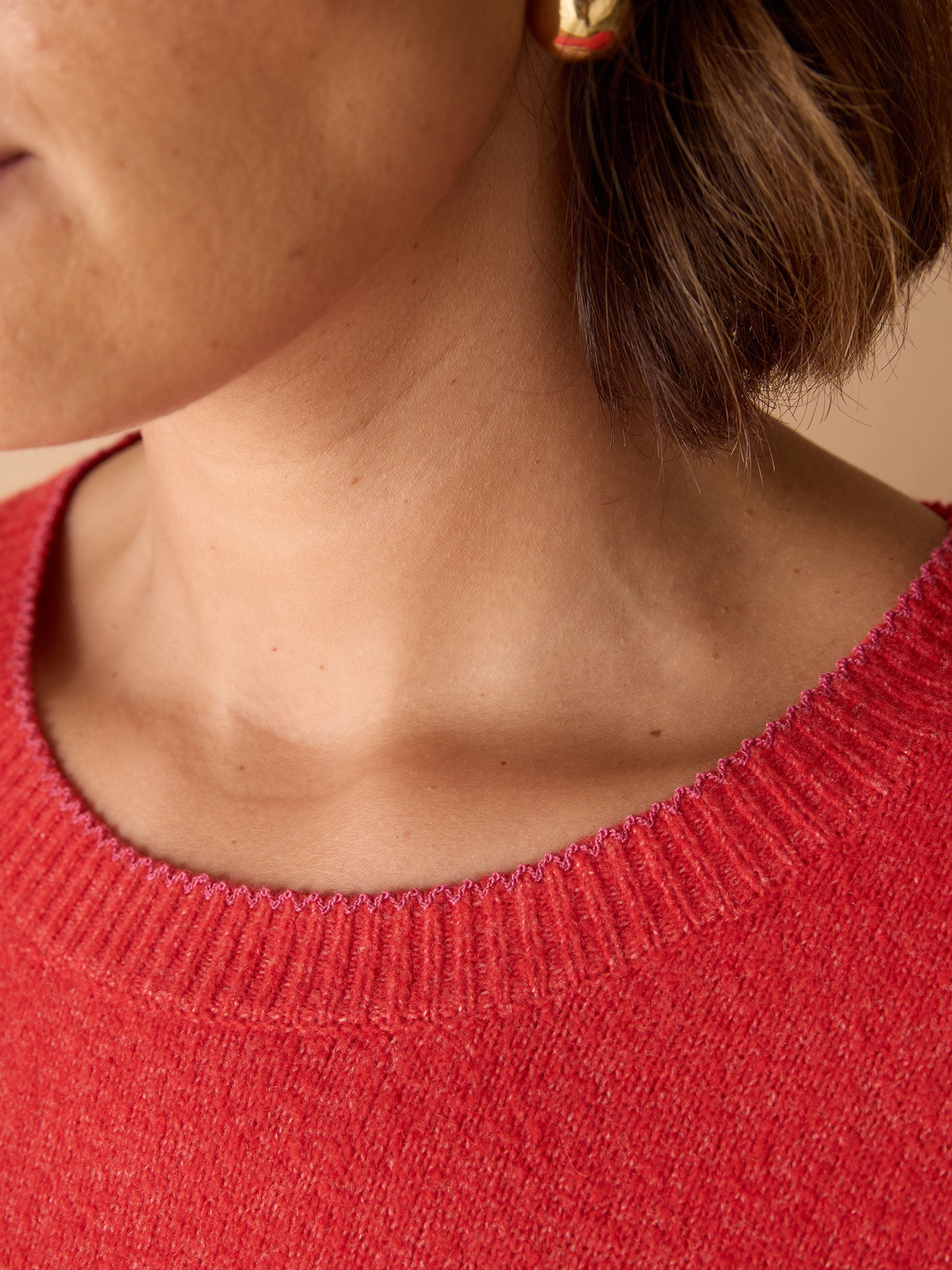 Red  Crew Neck Contrast Stitch Knit Jumper