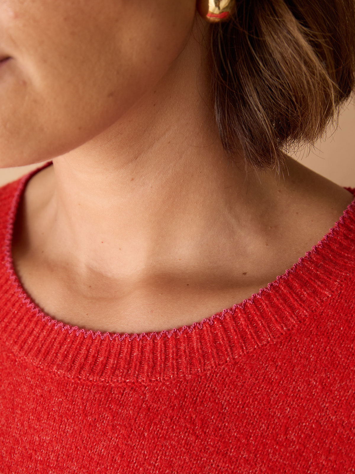 Red Crew Neck Contrast Stitch Knit Jumper