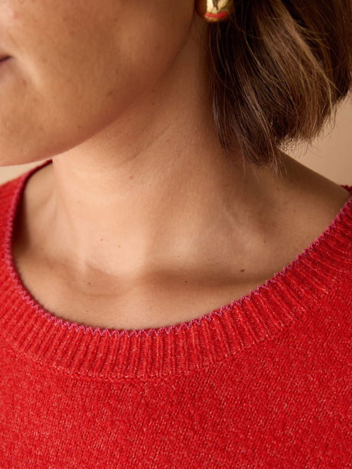 Red Crew Neck Contrast Stitch Knit Jumper