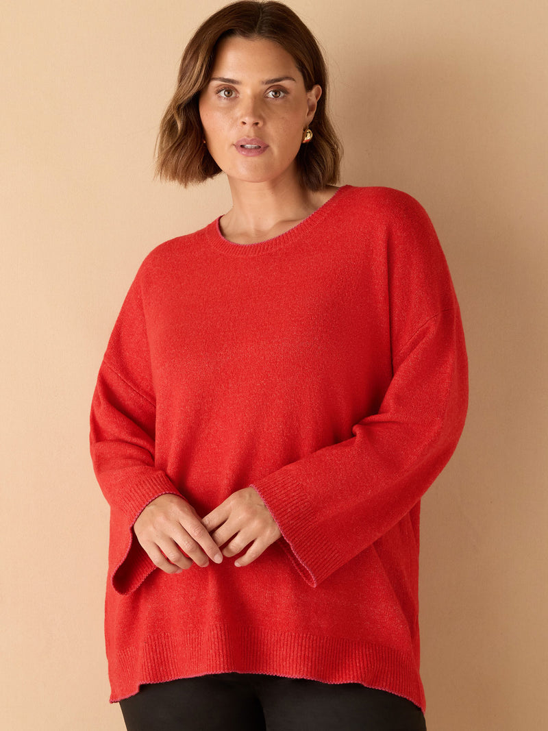 Red Crew Neck Contrast Stitch Knit Jumper