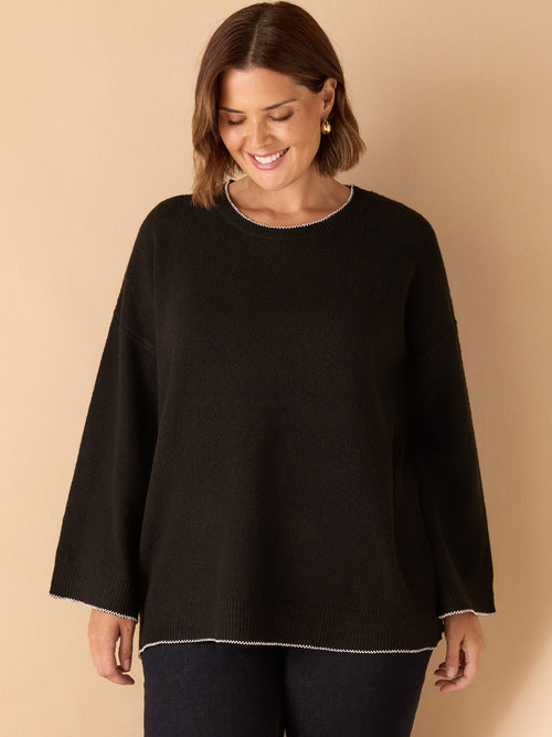 Black Crew Neck Contrast Stitch Knit Jumper
