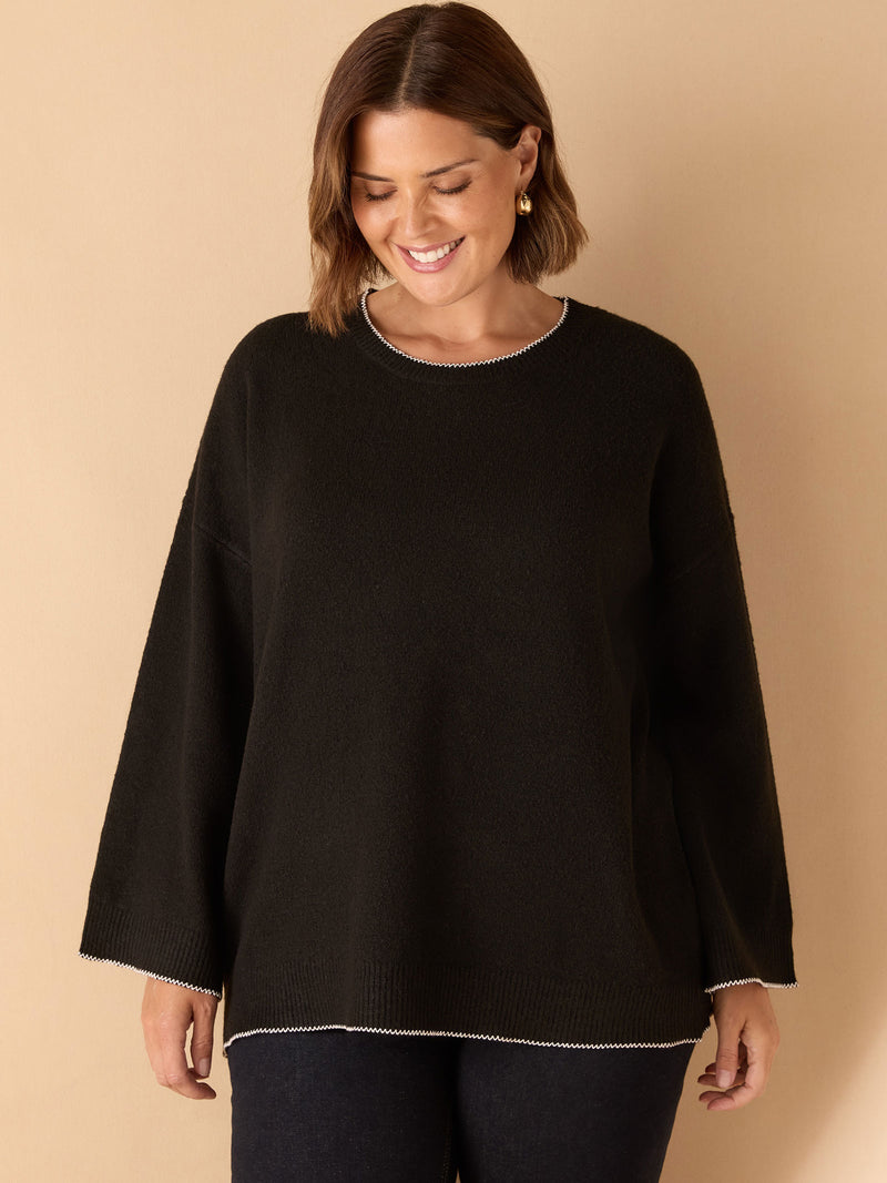 Black Crew Neck Contrast Stitch Knit Jumper