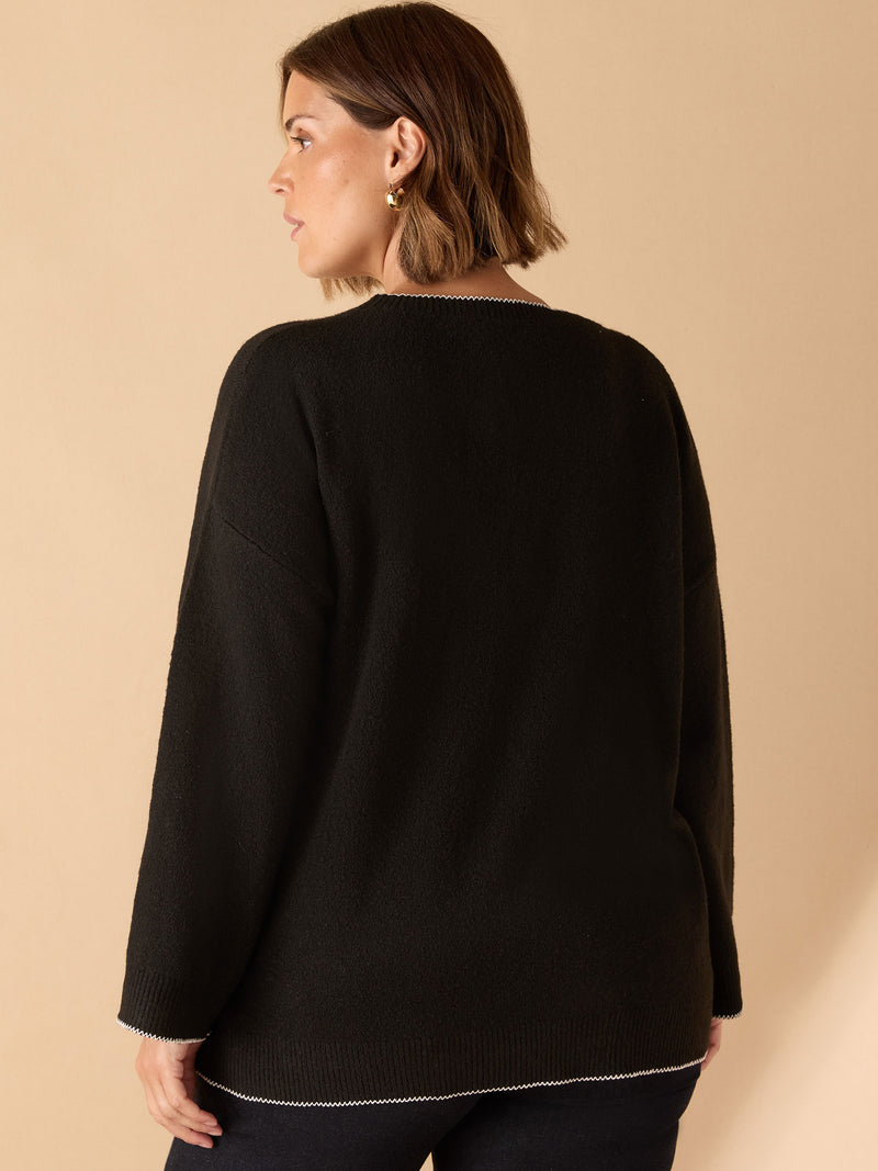 Black Crew Neck Contrast Stitch Knit Jumper