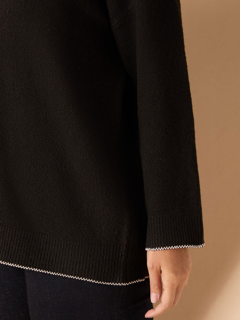 Black Crew Neck Contrast Stitch Knit Jumper