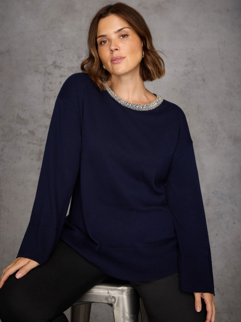 Navy Cashmere-Blend Jumper with Embellished Neckline