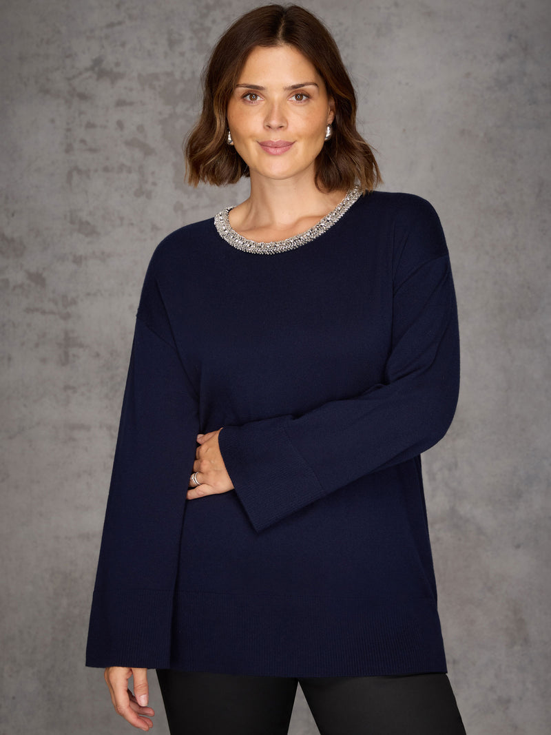 Navy Cashmere-Blend Jumper with Embellished Neckline