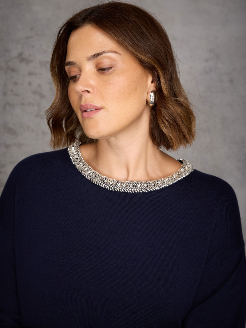 Navy Cashmere-Blend Jumper with Embellished Neckline