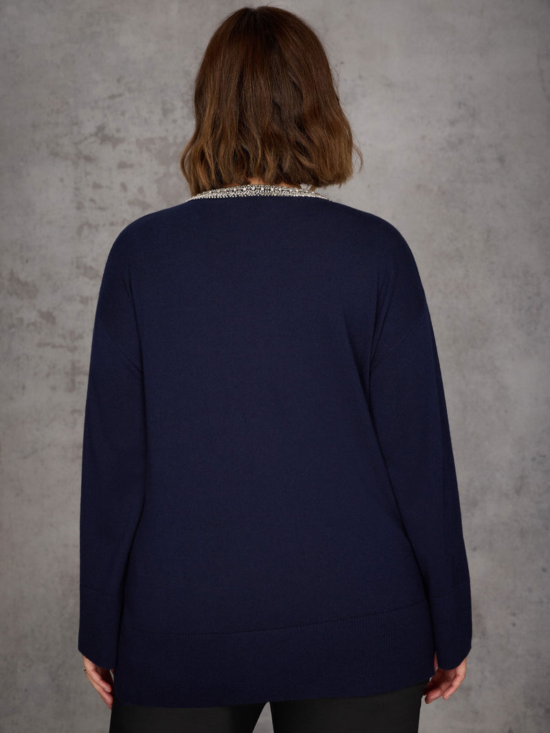Navy Cashmere-Blend Jumper with Embellished Neckline