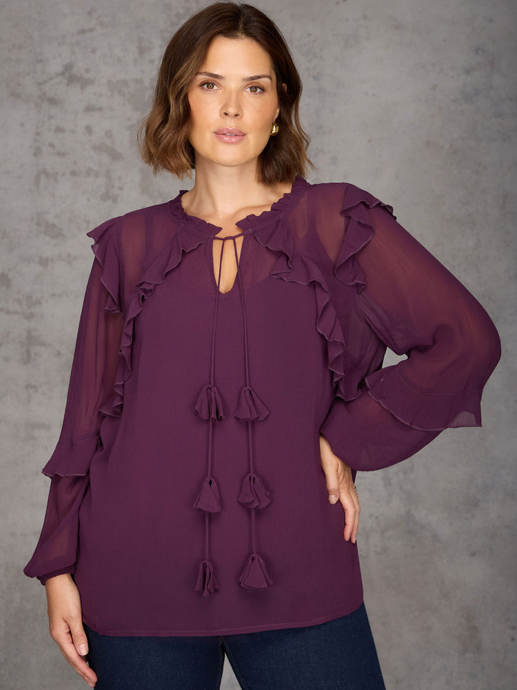 Plum Ruffle Tie Neck Blouse
