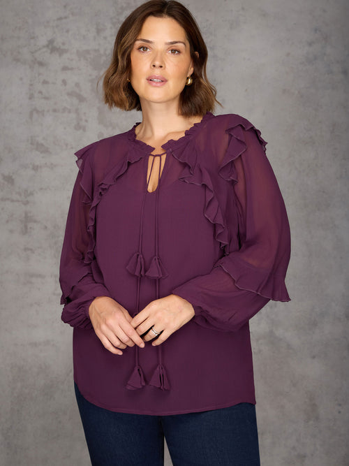 Plum Ruffle Tie Neck Blouse