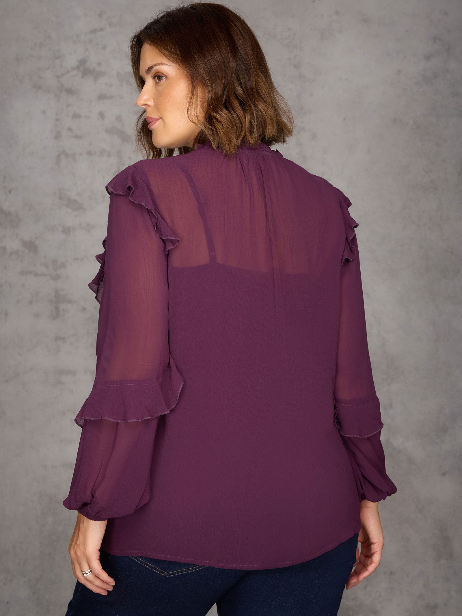 Plum Ruffle Tie Neck Blouse