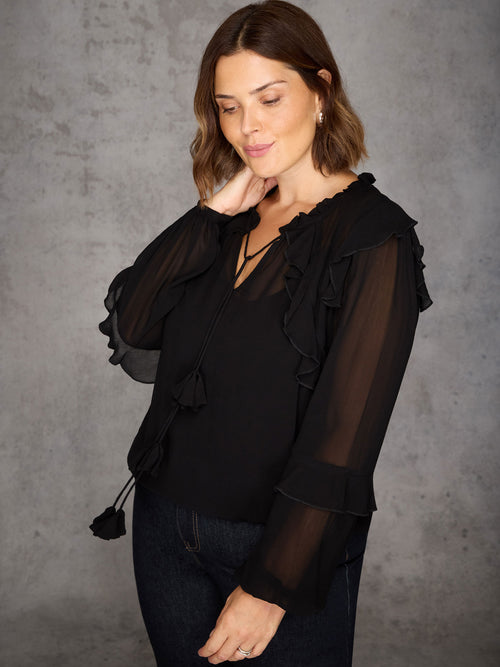 Black Ruffle Tie Neck Blouse