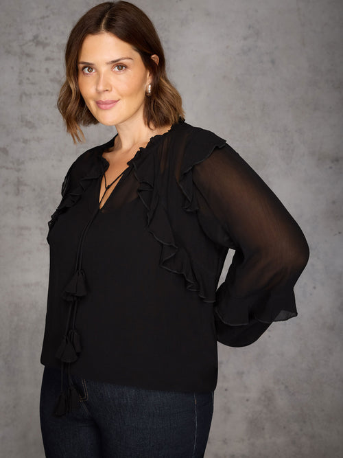 Black Ruffle Tie Neck Blouse