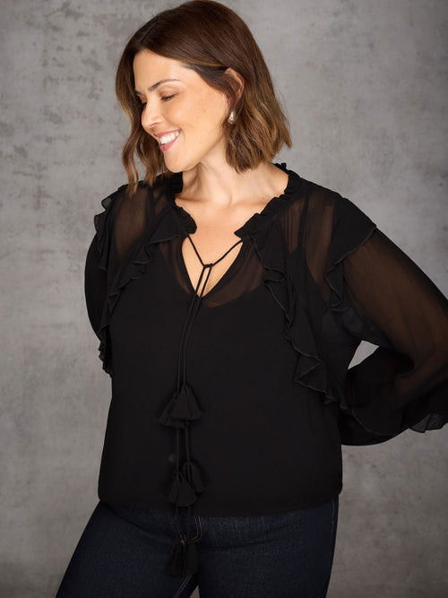 Black Ruffle Tie Neck Blouse