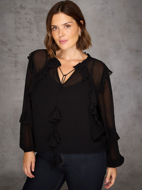 Black Ruffle Tie Neck Blouse