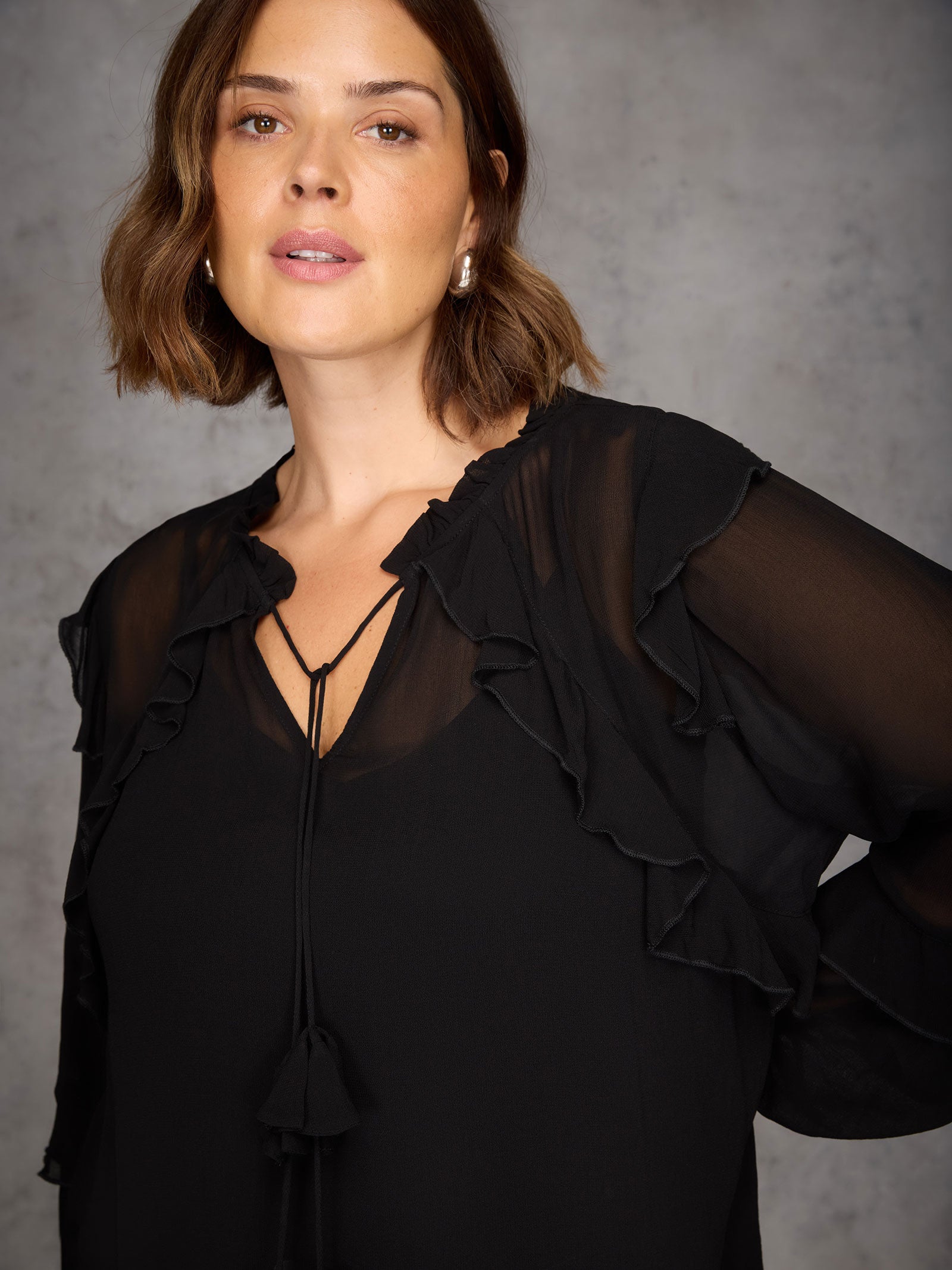 Black Ruffle Tie Neck Blouse