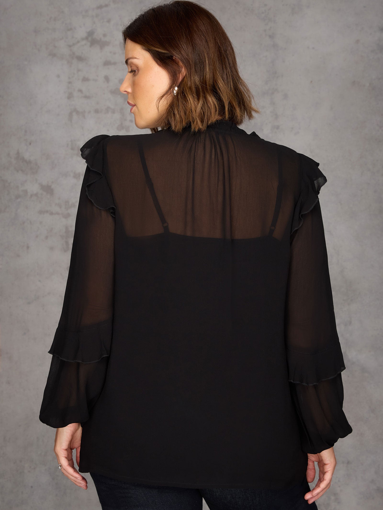 Black Ruffle Tie Neck Blouse