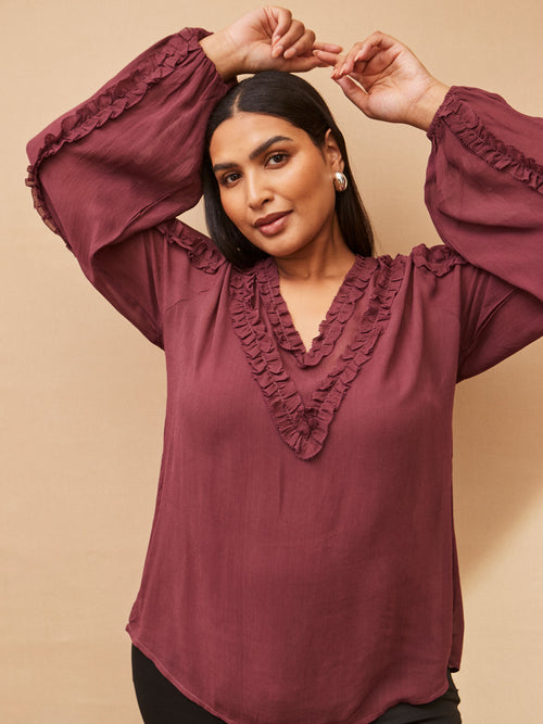 Purple Frill Trim V Neck Blouse