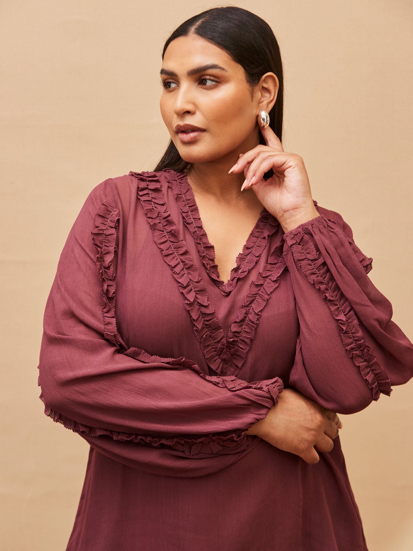 Purple Frill Trim V Neck Blouse