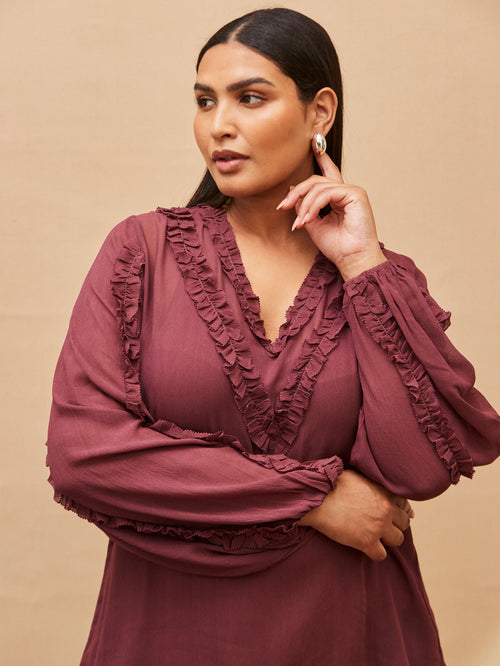 Purple Frill Trim V Neck Blouse