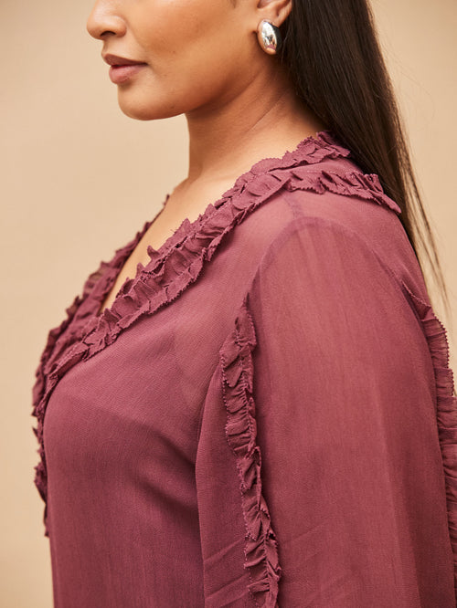 Purple Frill Trim V Neck Blouse