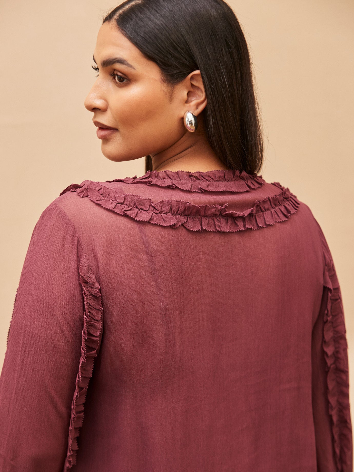 Purple Frill Trim V Neck Blouse