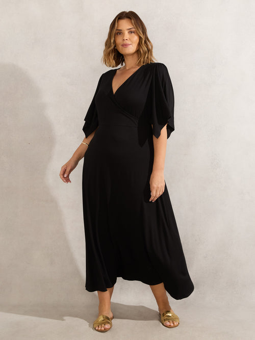 Black Jersey Angel Sleeve Wrap Dress