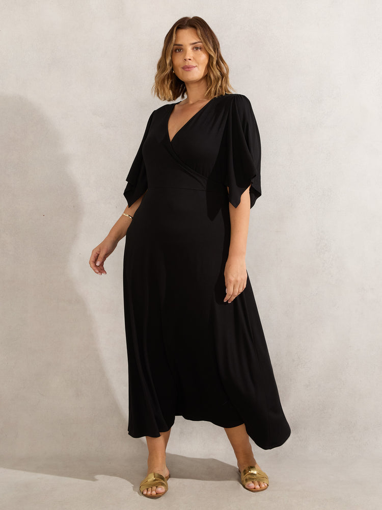 Black Jersey Angel Sleeve Wrap Dress